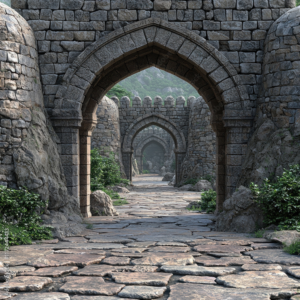Obraz premium Stone archway entrance, fort path, mountain backdrop, historical setting