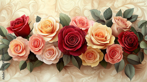 Colorful roses bouquet on marbled background, invitation design