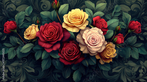 Colorful roses bouquet on ornate dark background, vintage style floral design