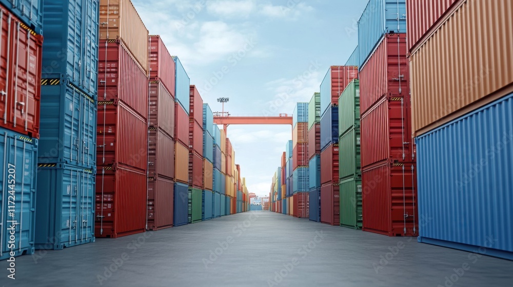 Fototapeta premium Container Yard Perspective with Colorful Cargo Containers and Clear Blue Sky in Industrial Setting