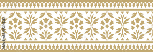 Vector golden endless Turkish national ornament. Seamless ottoman border, frame. Ethnic floral pattern of Seljuk Turks. Decoration of the Sultan's palaces