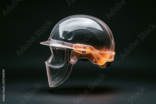 A transparent helmet displays a modern design, showcasing its sleek profile against a dark background, emphasizing safety and innovation. photo