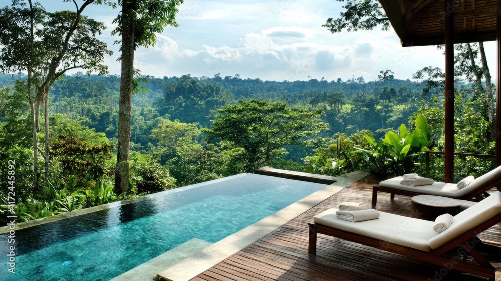 Obraz premium A modern poolside terrace with wooden decking, surrounded by lush greenery and offering tropical valley views