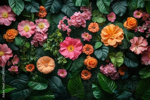 vibrant wall adorned with a plethora of flowers and lush green leaves on either side creating a serene and colorful backdrop softly illuminated for a fresh inviting atmosphere in a tranquil setting photo