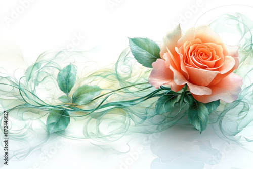 Peach rose with green leaves on abstract smoky background, ideal for wedding invitations