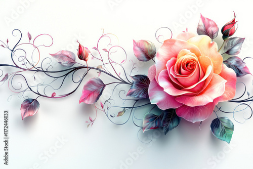 Peach rose, buds, swirling vines on white backdrop, ideal for elegant designs