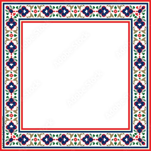 Vector colored square Turkish national ornament. Ottoman border, frame. Ethnic floral rectangle, Seljuk Turks pattern. Decoration of the Sultan's palaces