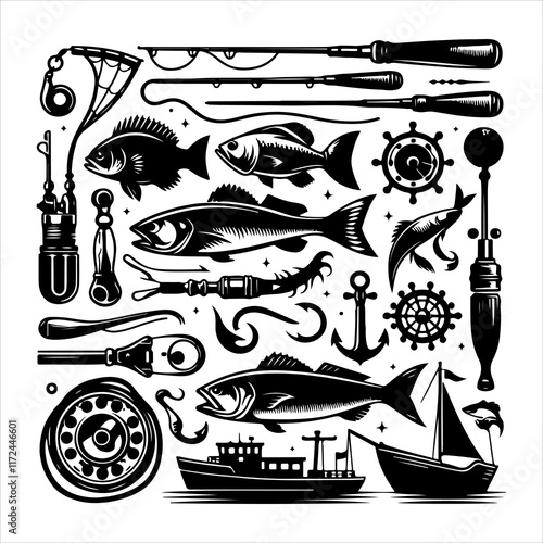 Set of fishing elements vector. Equipment of fisherman and fishing icons set. Fishing elements silhouette vector art illustration