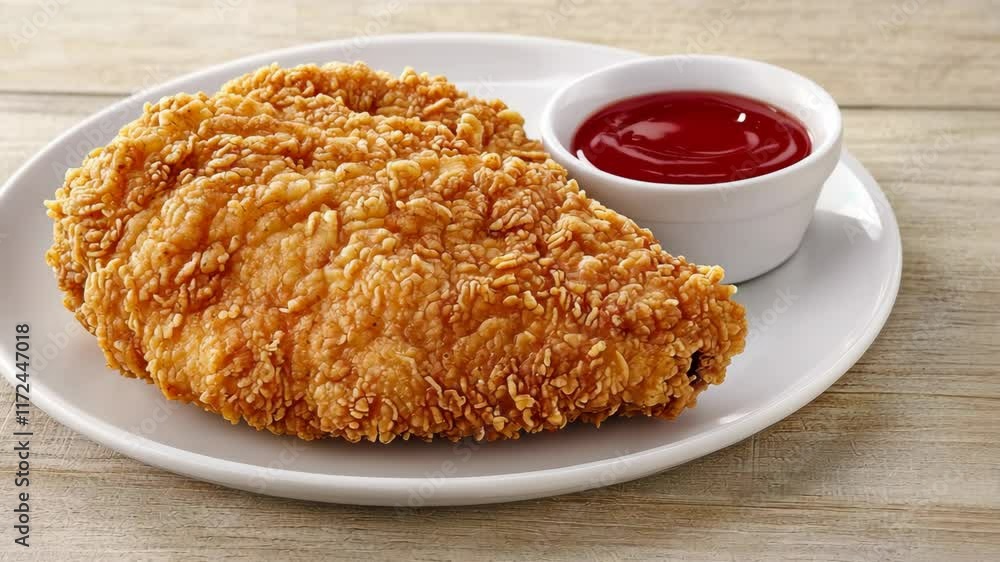 Crispy fried chicken breast served with a small bowl of ketchup on a white plate Crispy fried chicken breast served with a small bowl of ketchup on a white plate