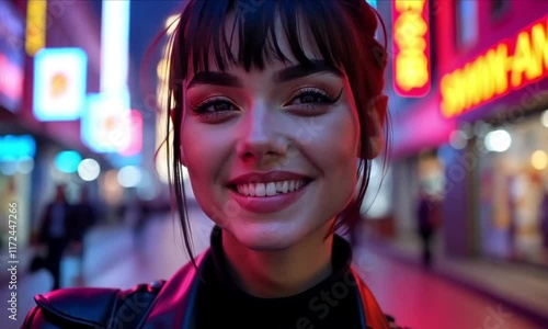 A modern urban beauty shot featuring a woman with edgy makeup and a sleek hairstyle, standing under glowing neon signs, showcasing boldness and contemporary style photo