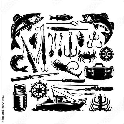 Set of fishing elements vector. Equipment of fisherman and fishing icons set. Fishing elements silhouette vector art illustration