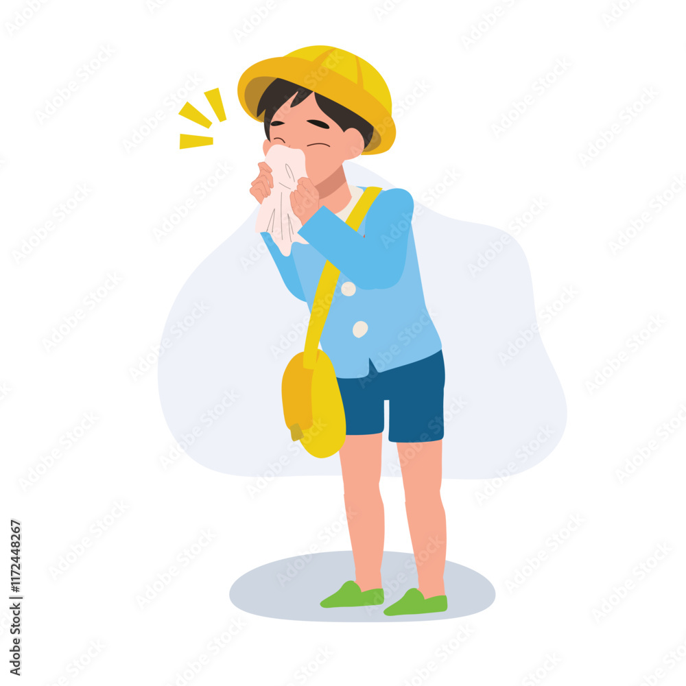 sick child with cold in kindergarten uniform blowing nose with tissue during illness sick child with cold in kindergarten uniform blowing nose with tissue during illness