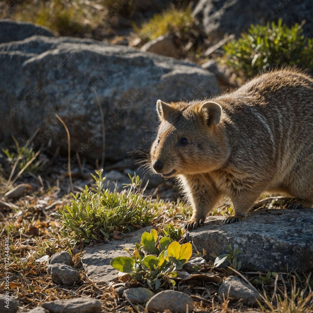 A quokka munching on leaves near a rocky outcrop. A quokka munching on leaves near a rocky outcrop.