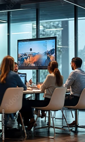 A business meeting with participants discussing a presentation displayed on a screen.