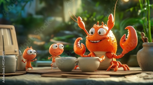 Cheerful Crab and Friends Enjoying Tea: A Whimsical 3D Animation
