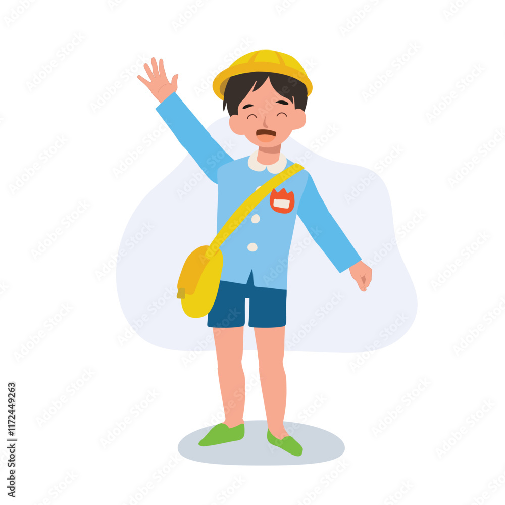 Cheerful Japanese Preschool Boy in Traditional Uniform Waving Goodbye Cheerful Japanese Preschool Boy in Traditional Uniform Waving Goodbye