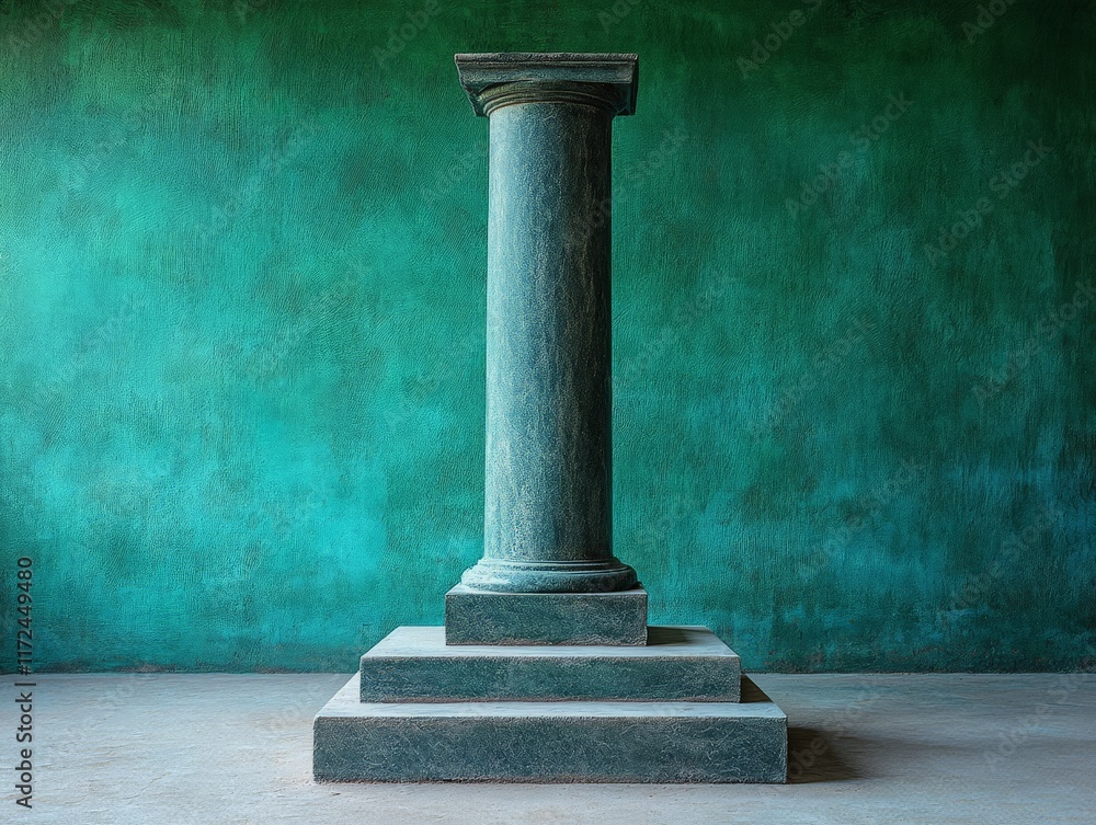 A solitary green column on a pedestal against a textured turquoise wall. A solitary green column on a pedestal against a textured turquoise wall.