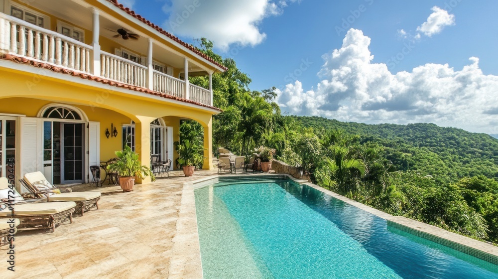 Fototapeta premium A stunning villa terrace with a spacious pool, surrounded by lush greenery and offering panoramic forest views