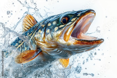 Brook trout jumping out of fresh water with open mouth photo