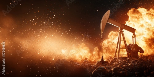 Dramatic Oil Pump in Fiery Explosion Amidst War in the Middle East - High Fidelity Graphic photo