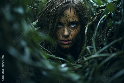 girl emerges from the depths of dark foliage, her intense gaze pulling the observer into an enigmatic abyss where shadows reign, eerie absence of light and mysterious forms hidden in the darkness photo