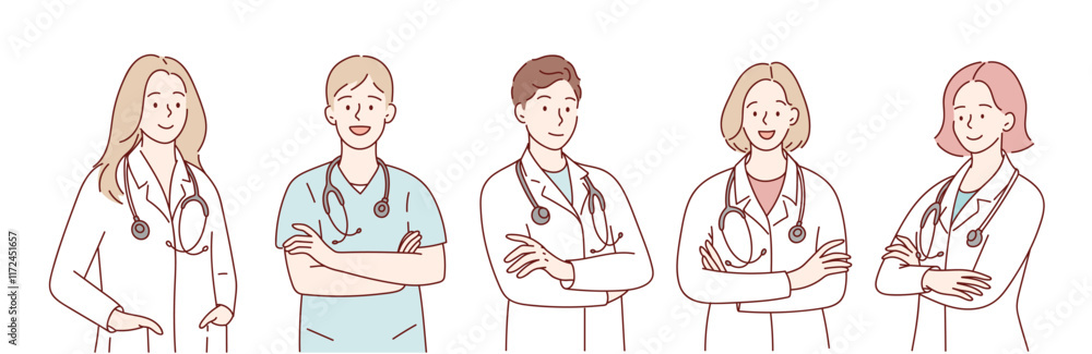 Doctors with crossed arms. Vector hand drawing. Doctors with crossed arms. Vector hand drawing.