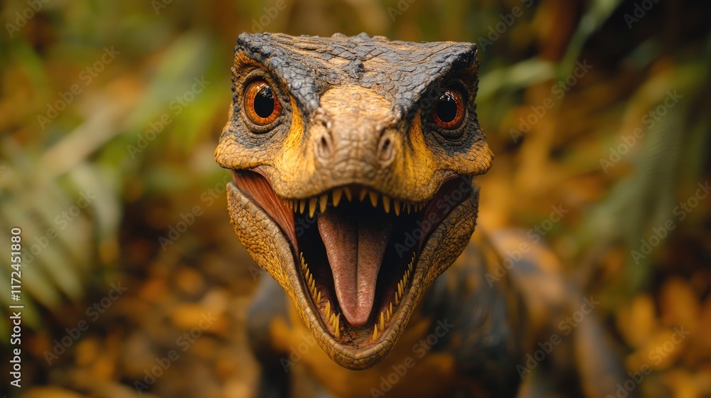 Fototapeta premium Aggressive dinosaur roaring showing teeth and tongue in lush jungle