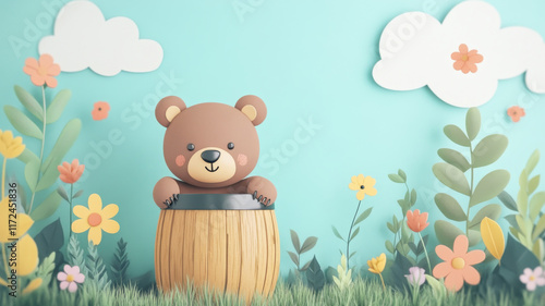 Cute bear cub in wooden barrel surrounded by colorful flowers and clouds. cheerful scene in meadow with vibrant greenery