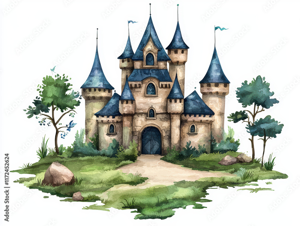Obraz premium whimsical fairy tale castle surrounded by trees and rocks, enchanting scenery