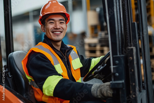 Asian man wearing safety gear, operating a forklift in industrial warehouse and smiling at camera happily