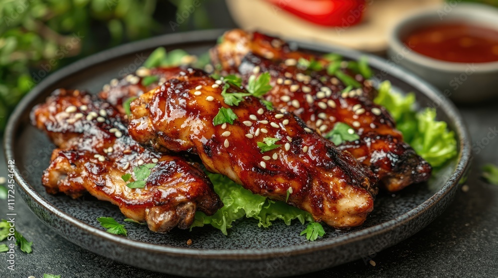 BBQ chicken with savory peanut sauce and crunchy lettuce, sesame seeds scattered on a ceramic plate. Textured marble surface, dim lighting. National cuisine, casual dining. BBQ chicken with savory peanut sauce and crunchy lettuce, sesame seeds scattered on a ceramic plate. Textured marble surface, dim lighting. National cuisine, casual dining.