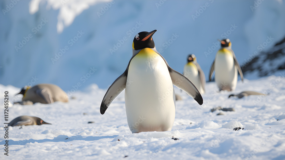 Obraz premium A penguin stands in the snow with its head up, looking at the camera