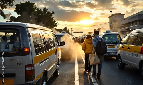 A cheerful morning scene at a local taxi rank