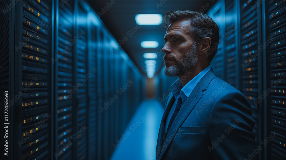 Fototapeta premium Professional man in a suit standing in a modern data center server room