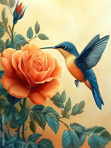A vibrant hummingbird hovering near a blooming orange rose against a soft background.