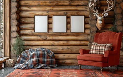 Cozy cabin interior with armchair, frames, and deer head. Winter lodge relaxation. Home decor mockup.