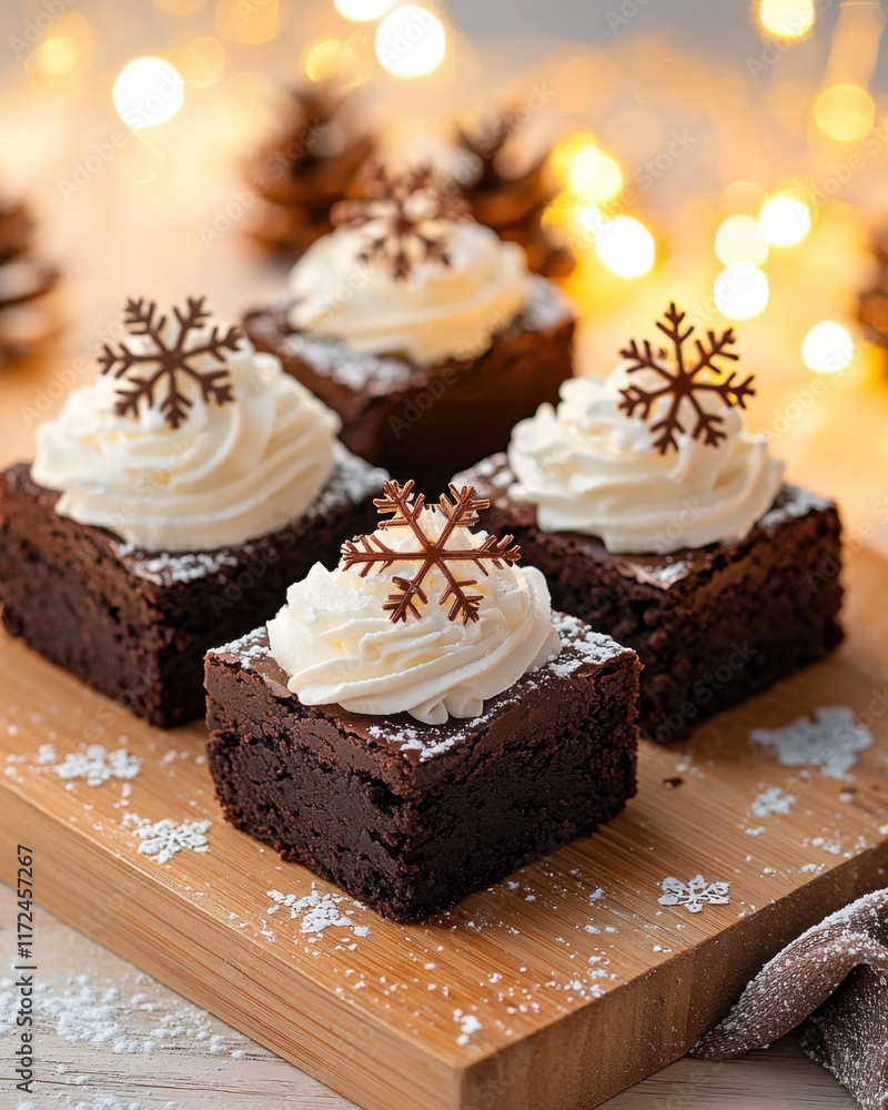 Chocolate Brownies with Whipped Cream and Snowflakes Chocolate Brownies with Whipped Cream and Snowflakes