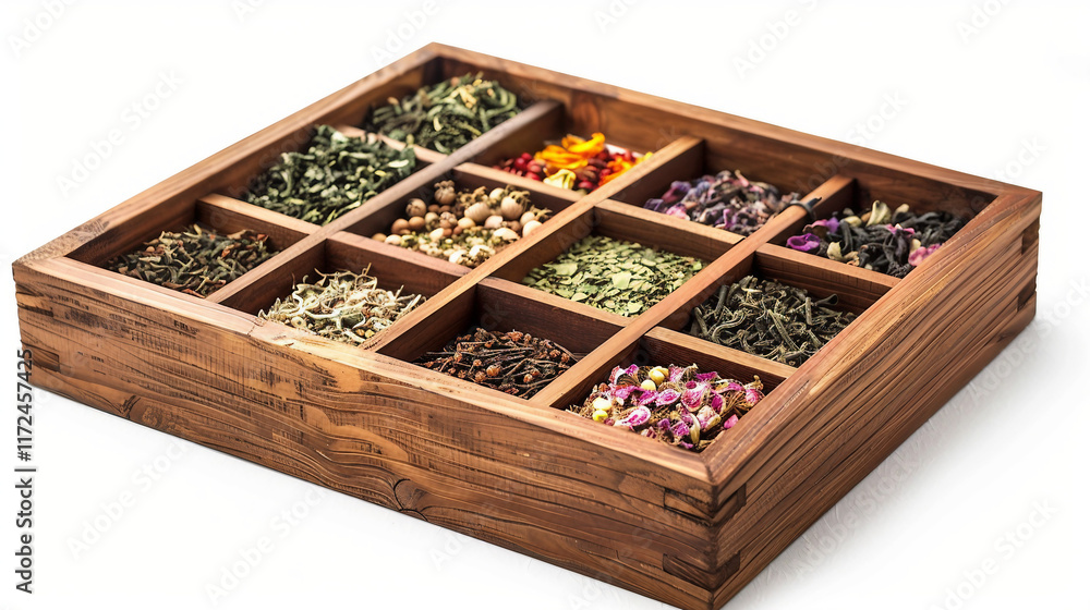 Wooden Tea Box Filled with an Assortment of Teas on white background.PNG Wooden Tea Box Filled with an Assortment of Teas on white background.PNG