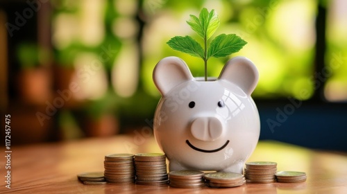 Growing Wealth: Piggy Bank with Plant and Coins photo