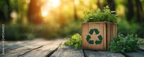 Sustainable lifestyle illustration, wooden cube with ecofriendly words and green world symbol for waste management photo