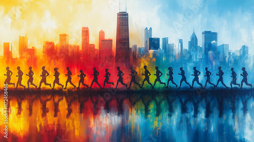 Chicago Marathon: A vibrant, stylized cityscape reflects runners in motion, their silhouettes mirroring the city's energy and ambition.  A fiery sunset meets a cool city night. photo