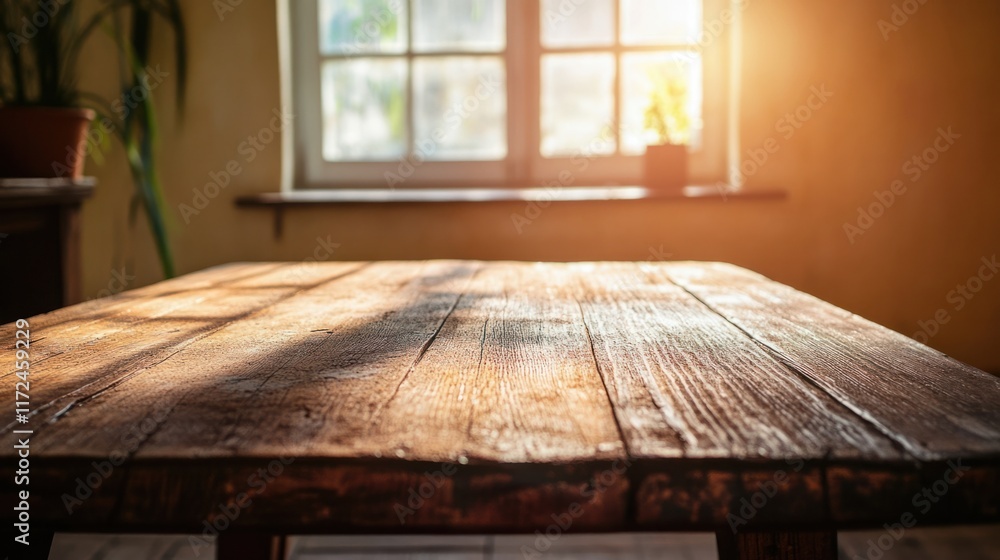 A weathered wooden table with warm tones, set in a quiet and empty room with soft, natural lighting A weathered wooden table with warm tones, set in a quiet and empty room with soft, natural lighting