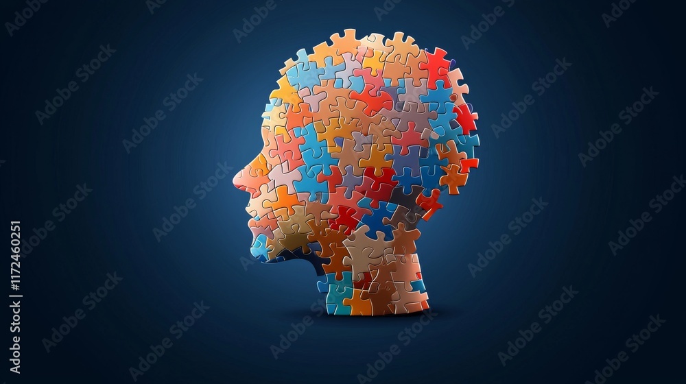 Puzzle pieces of the mind creative conceptual art displaying multicolored brain shape in a dark environment Puzzle pieces of the mind creative conceptual art displaying multicolored brain shape in a dark environment