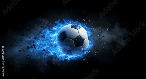Soccer Ball Emblazoned with Blue Blazing Flames: The Intensity of the Beautiful Game