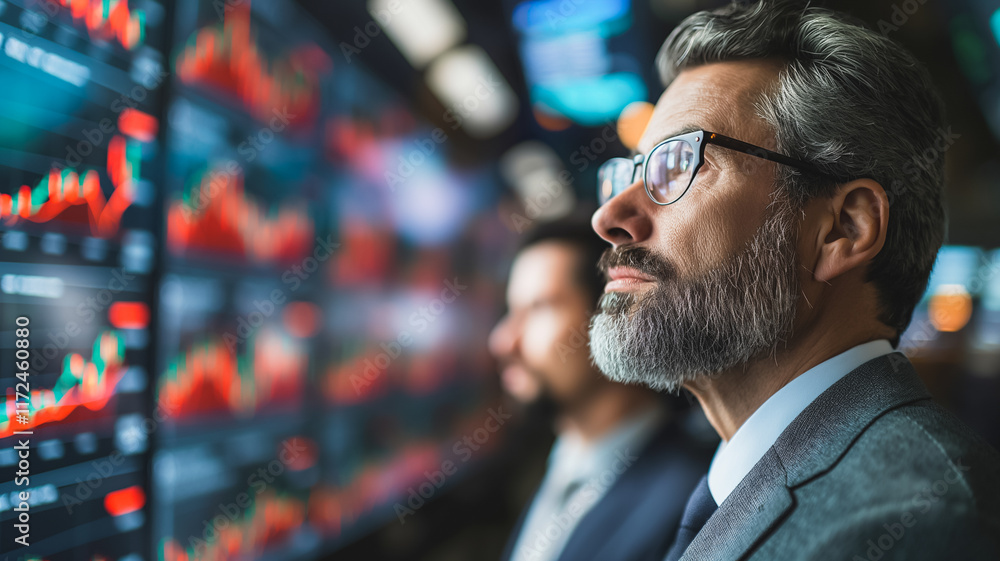 The Market's Pulse: A seasoned businessman intently analyzes financial data displayed on a wall of screens, capturing the intensity and focus of the stock market world. The Market's Pulse: A seasoned businessman intently analyzes financial data displayed on a wall of screens, capturing the intensity and focus of the stock market world.