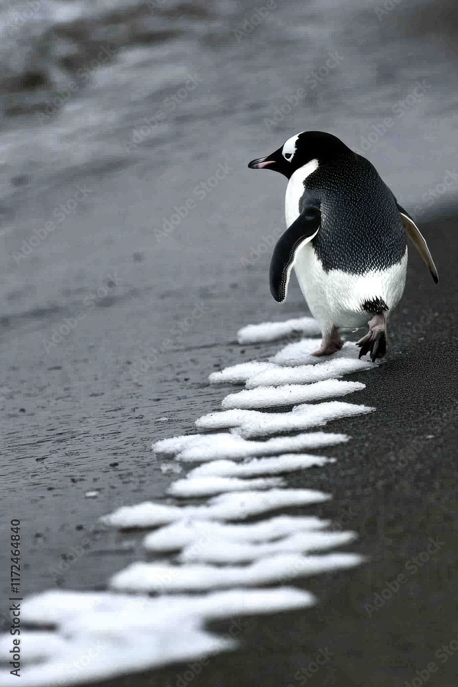 Obraz premium A penguin walking along a shoreline with foam on the ground.