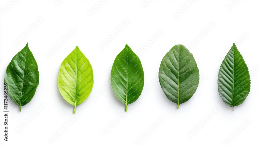 Fototapeta premium Variety of Green Leaves on White Background Showcasing Different Shades and Textures of Nature's Beauty