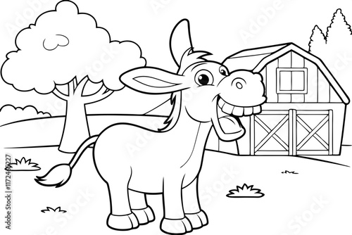 Happy Donkey on Farm, Coloring Page, Barn, Trees, Rural Scene
