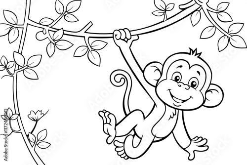 Adorable Cartoon Monkey Hanging on Tree Branch Coloring Page