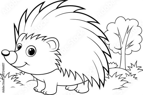 Adorable Cartoon Hedgehog Coloring Page, Nature, Wild Animal, Forest